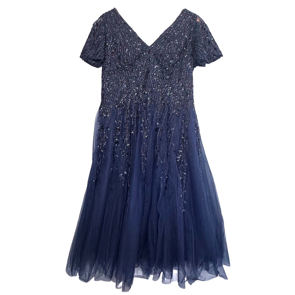 Mac Duggal Beaded Tulle Tea Gown Sz 10 Sequin Cocktail Formal Evening Navy Blue